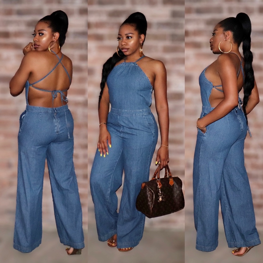Sweet Babe Denim Backless Jumpsuit - BOUTIQUE - Picture 1 of 1